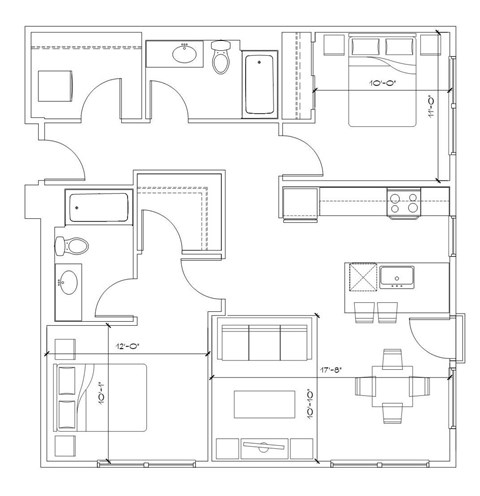 Floor plan for 2 beds, 2 baths, 1006 sqft